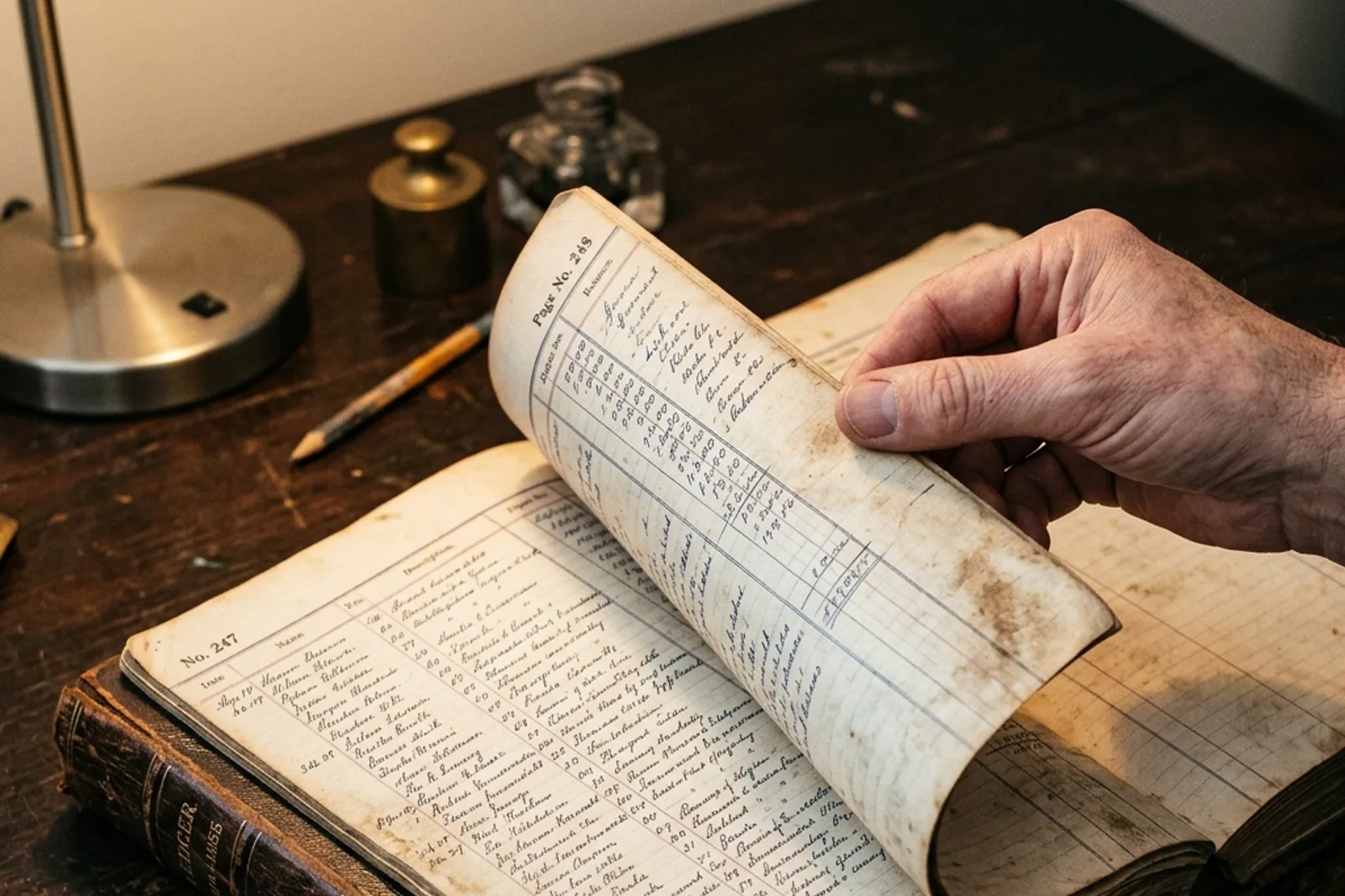 A hand turning the aged paper page of a bound accounting ledger.